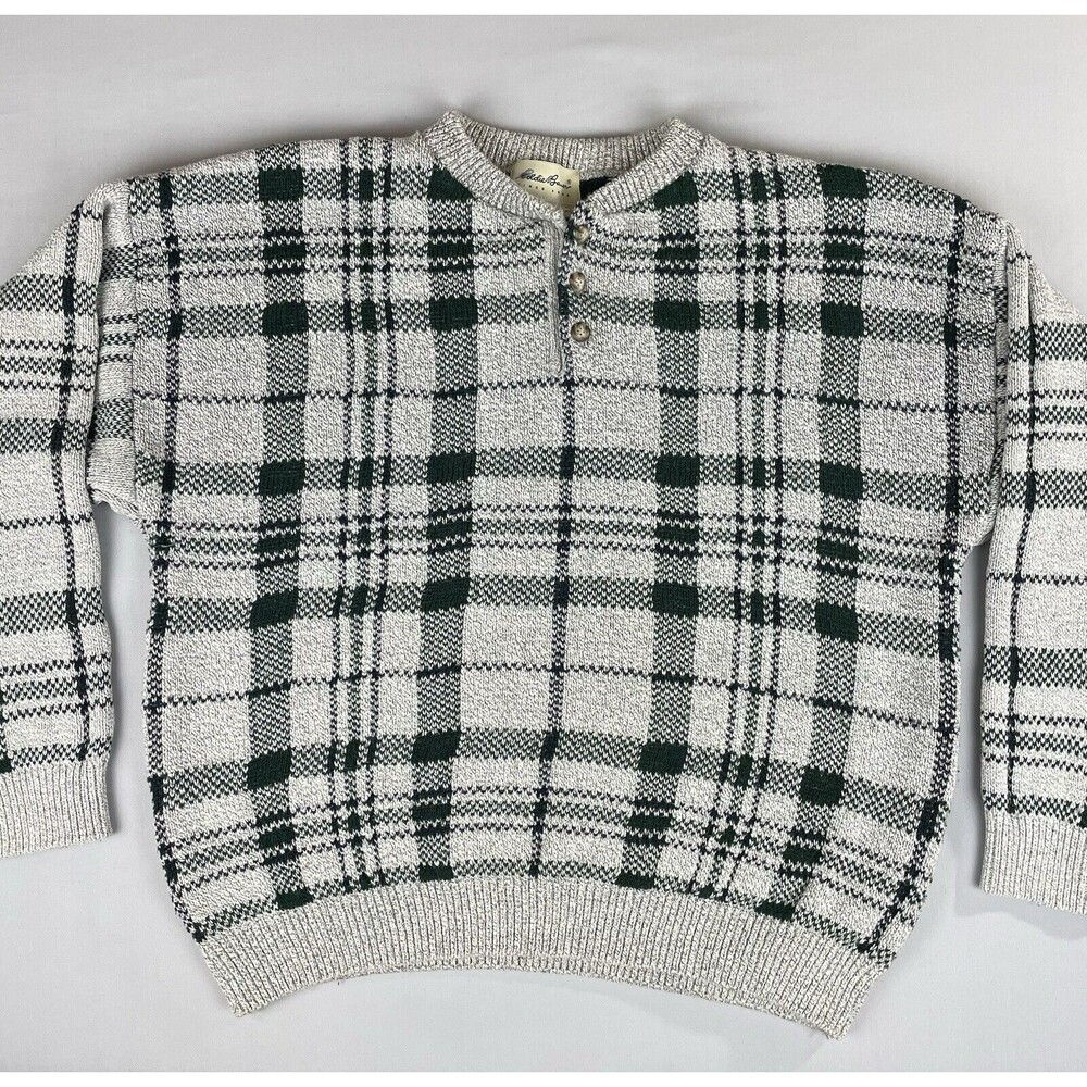 Eddie Bauer Knit Sweater Men’s Large Dark Green Grey Plaid Vintage Grandpa style